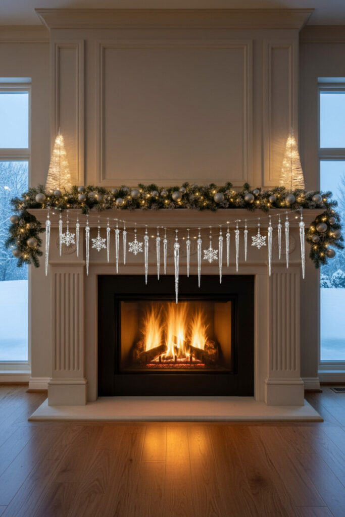 Pale stone mantel with soft-flocked greens and a sparkling icicle strand with transparent snowflakes; warm LEDs—winter-glass look for Christmas Mantel Garland Ideas.