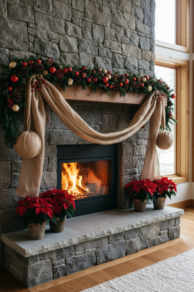 Cool-grey stone hearth draped in burlap and evergreen with cranberry and gold ornaments; warm firelight adds rustic fireplace garland inspiration.