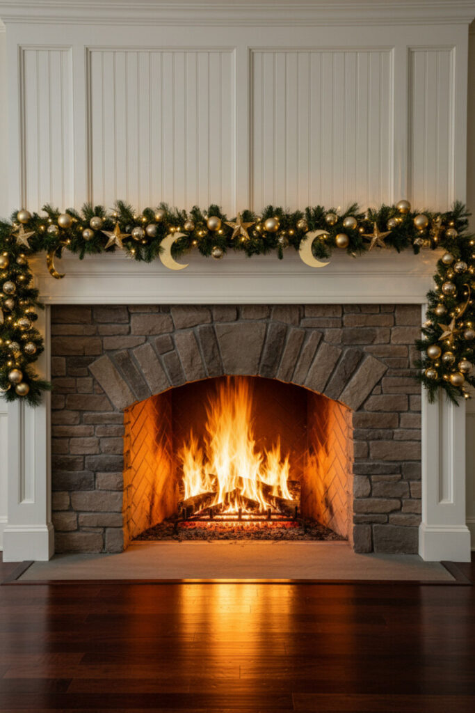 Deep green garland packed with gold stars, champagne spheres, and polished crescent moons; blazing arch hearth—celestial Christmas Mantel Garland Ideas.