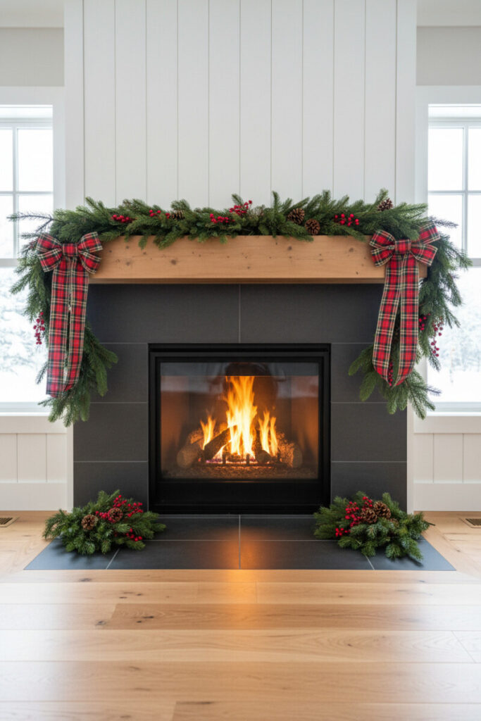 Matte charcoal tile hearth with heavy evergreen garland and long plaid bows; matching floor bundles and bright fire—DIY fireplace garland ideas with natural elements.