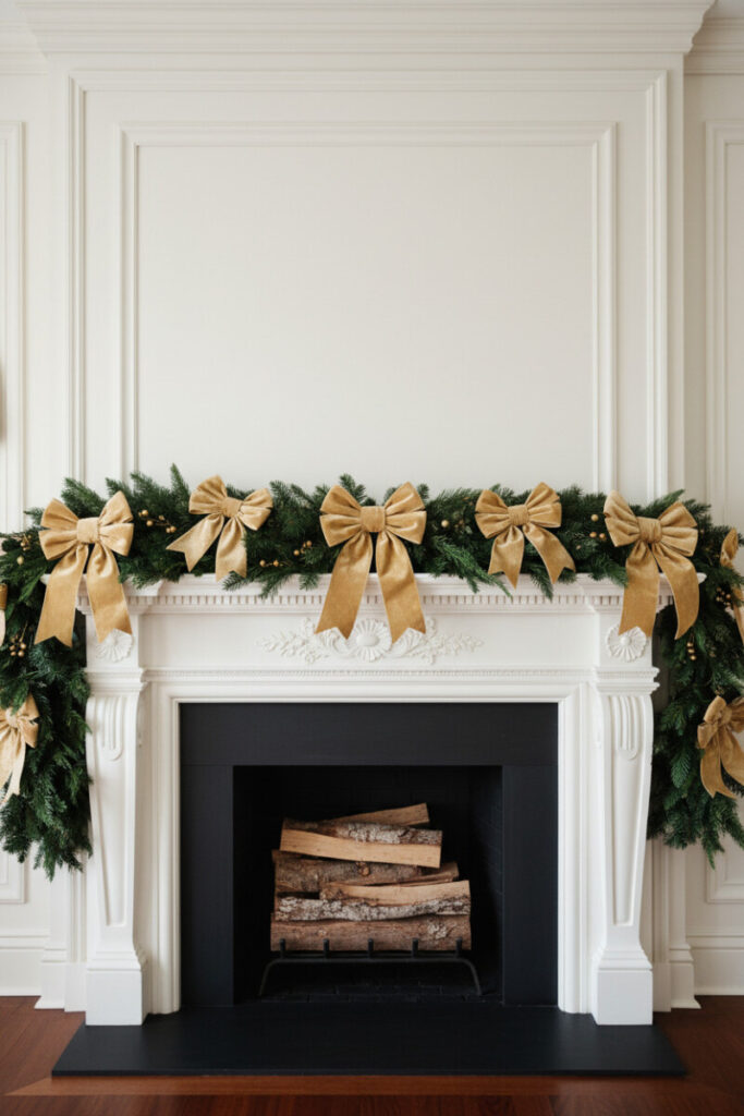 Pristine white carved mantel with lush greens threaded by wide champagne velvet ribbon and matte gold accents—luxury holiday mantel decor.