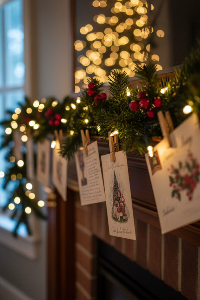 Dark wood mantel with lit greens and a line of vintage holiday cards clipped by mini clothespins; golden bokeh—one of the best Christmas mantel garland ideas on a budget.