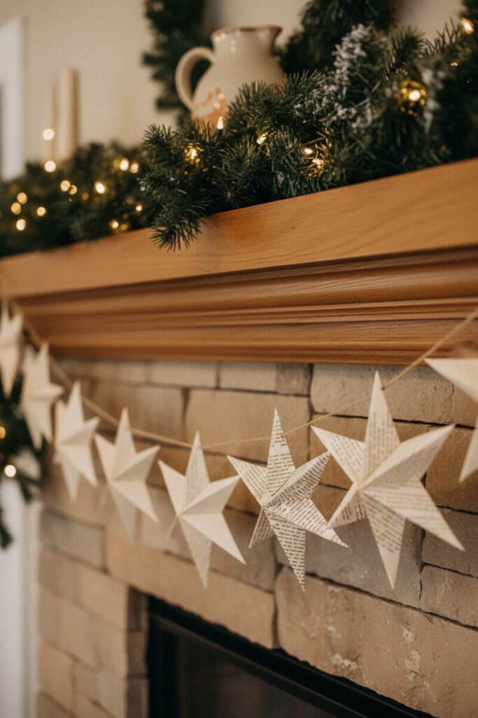 Close-up of origami paper stars folded from vintage book pages hanging under warm-lit evergreen; rough stone backdrop—best Christmas mantel garland ideas on a budget.