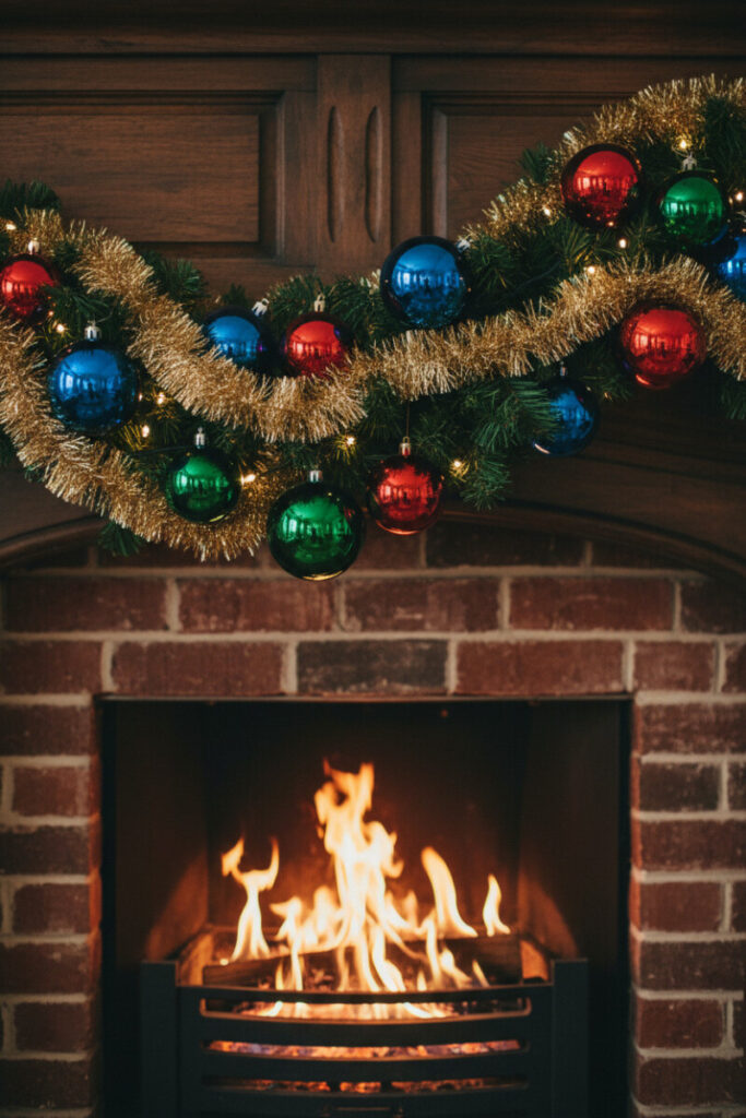Brick fireplace with champagne tinsel-woven garland and jewel-toned glass ornaments; roaring fire adds mid-century sparkle—holiday mantel decor.