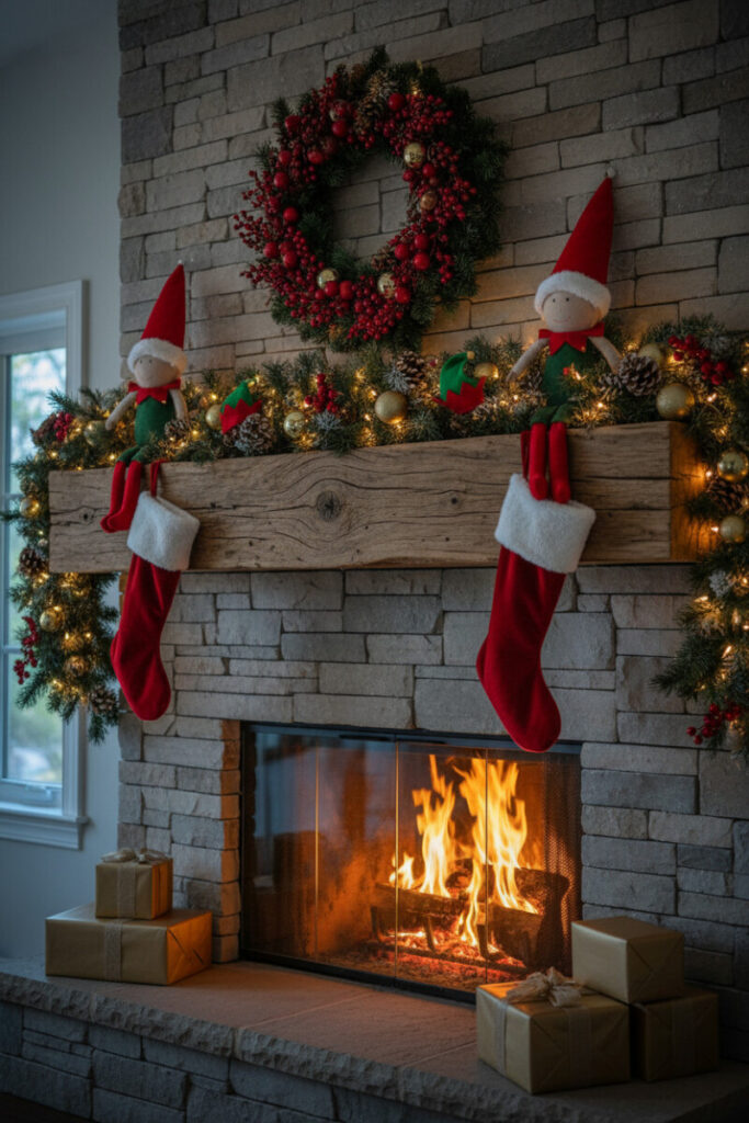 Flocked garland with berries, gilded ornaments, plush elves, and velvet stockings; stacked gifts by blazing fire—whimsical fireplace garland inspiration.