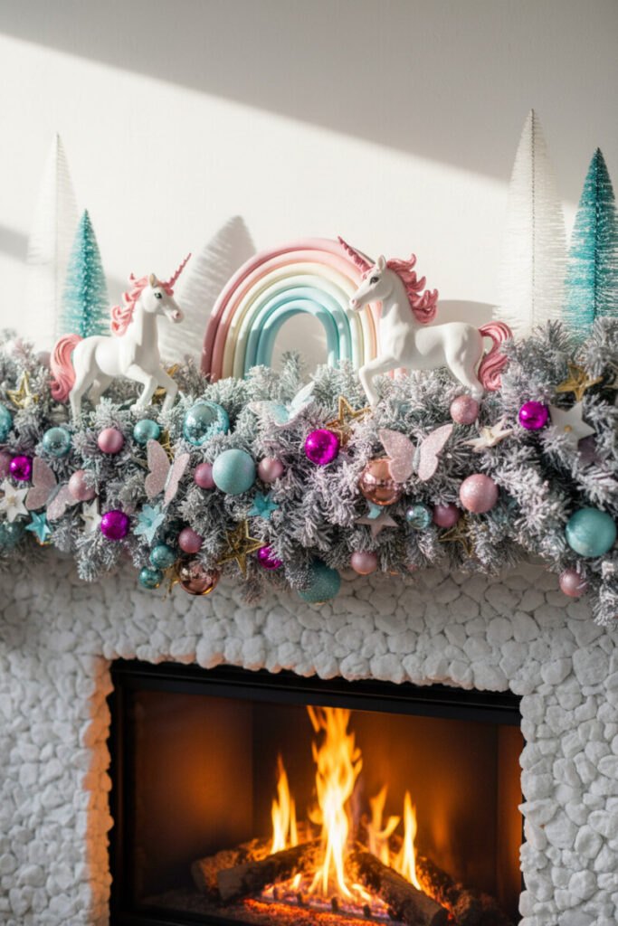 Heavily flocked pastel garland with metallic pink, teal, and magenta ornaments plus two white unicorns and a rainbow; bright, playful holiday mantel decor.