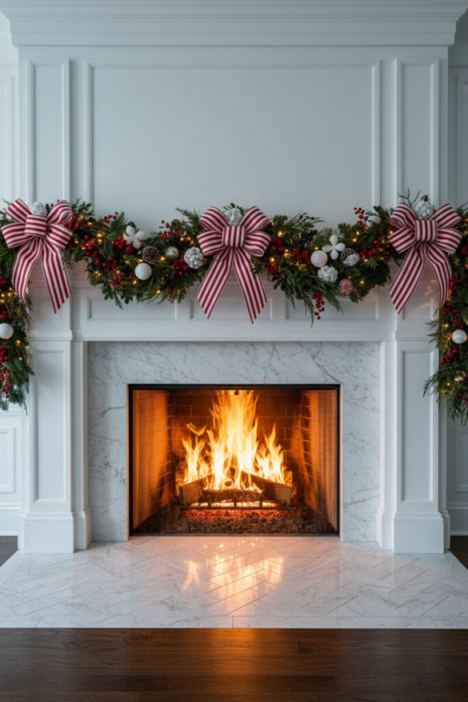 Classic white mantel with candy cane striped bows on a lit mixed-pine garland; bright flames reflect on herringbone marble—cheerful Christmas Mantel Garland Ideas.