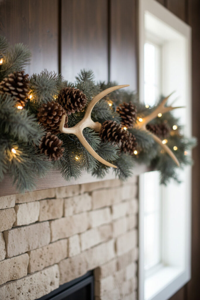 Woodland garland of dusty blue-green needles with oversized pinecones, warm lights, and smooth faux antlers; stacked stone and dark wood—DIY fireplace garland ideas with natural elements.