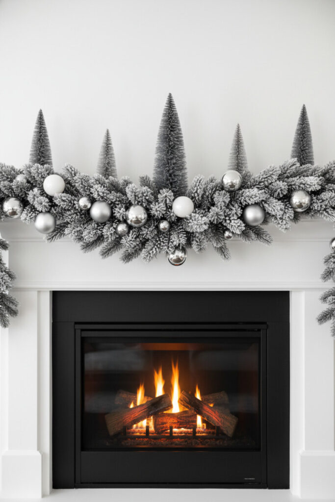 Minimal white mantel with frosted gray branches, slate bottle-brush trees, and silver/white baubles—elegant holiday mantel decor.