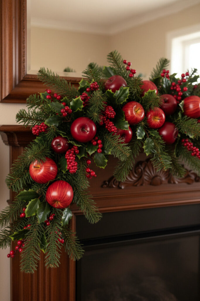 Rich mahogany mantel loaded with faux apples, berries, and deep green pine; soft daylight highlights glossy fruit.