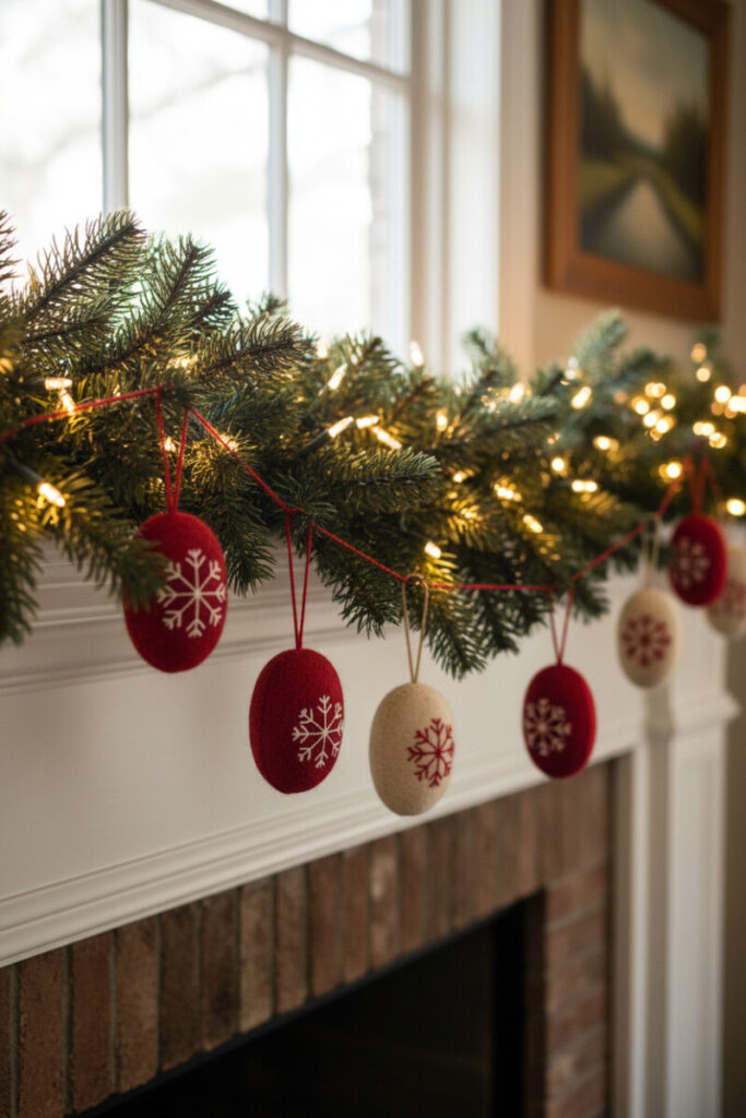 Close-up of evergreen garland with warm micro-lights and handmade felt red-and-ivory snowflake ornaments—crafty and one of the best Christmas mantel garland ideas on a budget.