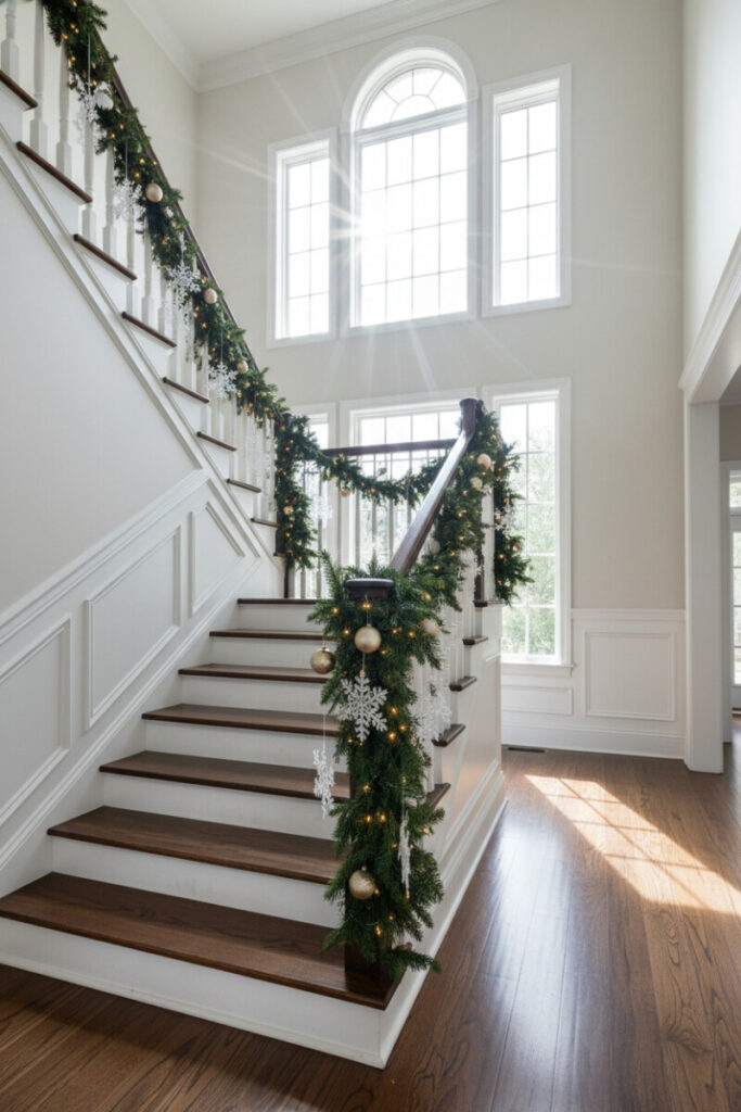 White acrylic snowflakes sparkling among champagne ornaments and micro-lights on walnut banister—wintry garland ideas for stairs.