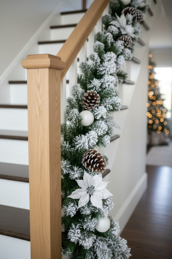 Heavily flocked garland with large pinecones and white ornaments on light oak newel—quiet winter scene.