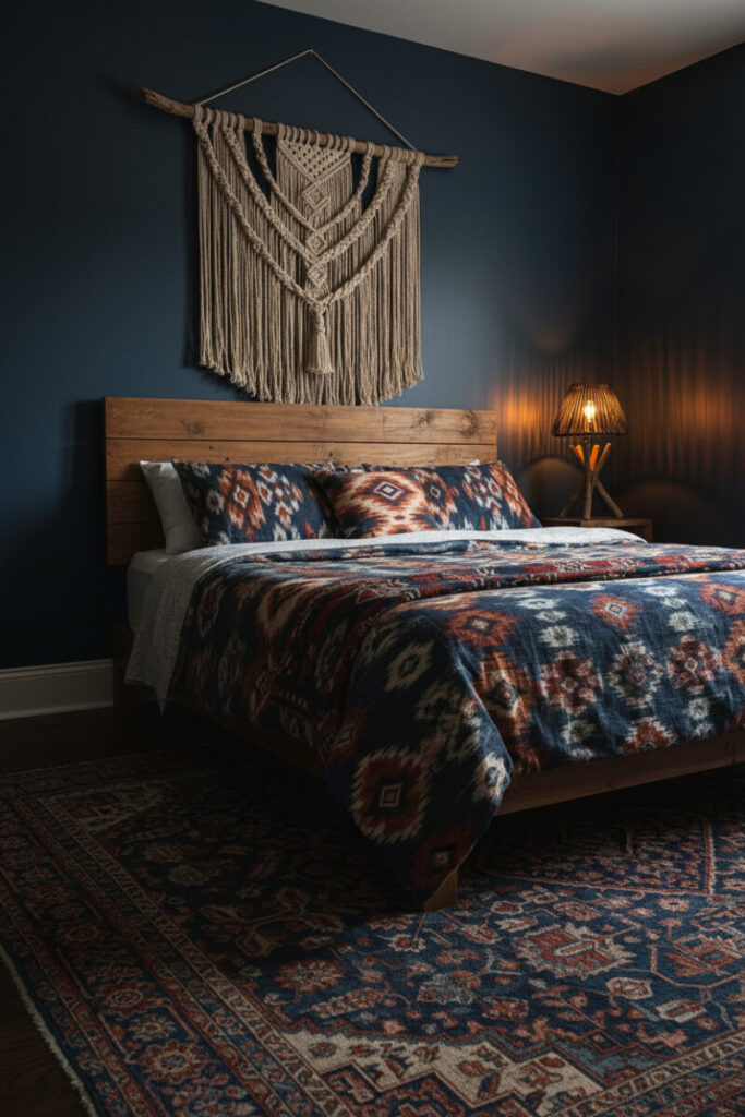 Boho macramé over driftwood on a midnight blue wall with layered ikat bedding and amber lamp glow, showcasing tactile Dark Bedroom Designs.