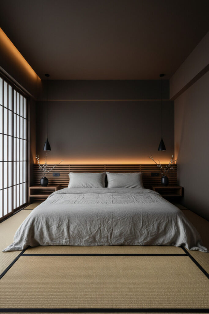 Minimal Japandi retreat with tatami, slatted backlit headboard, greige linen, and shoji screen—calming dark bedroom design ideas for small rooms.