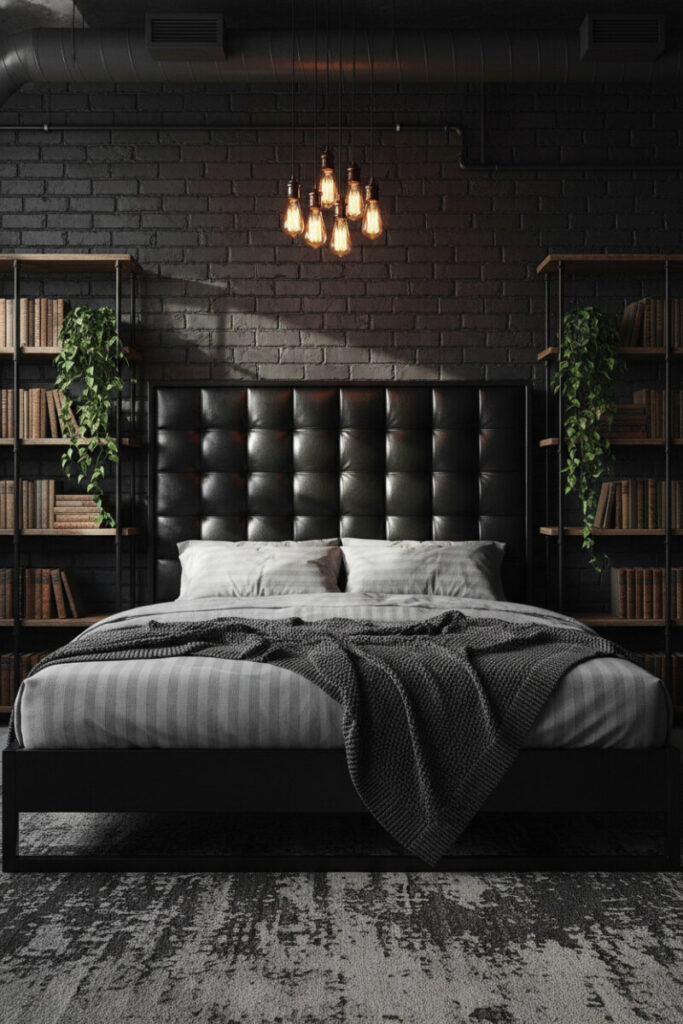 Industrial bedroom with black brick, glossy leather headboard, Edison bulb cluster, and pipe shelves—bold solution for how to light a dark bedroom without windows.