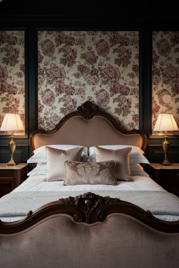 Antique mahogany bed with blush-taupe velvet, floral wallpaper panels, and brass lamps—heritage luxury bedroom decor wrapped in deep shadow.