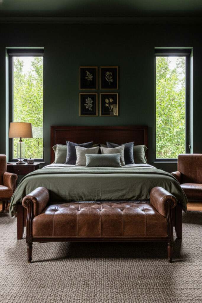 Hunter green bedroom with cognac leather bench, botanical prints, and diffused daylight—refined moody bedroom ideas for nature-forward elegance and vertical emphasis.