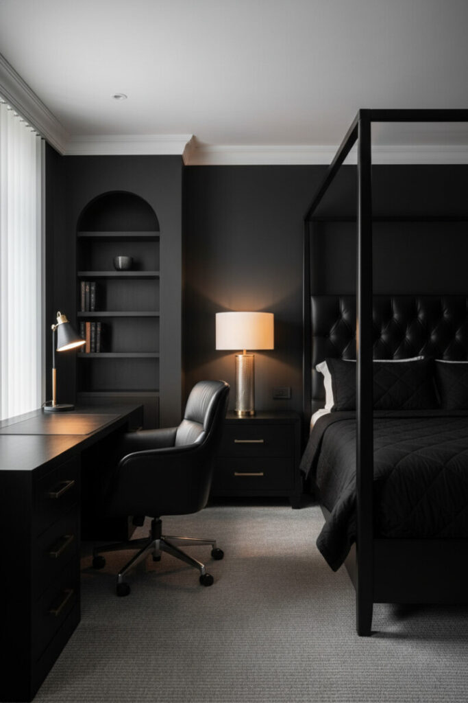 Integrated work–rest suite with black desk and bookcase, leather office chair, and black leather canopy bed—focused moody bedroom ideas for productivity and rest.