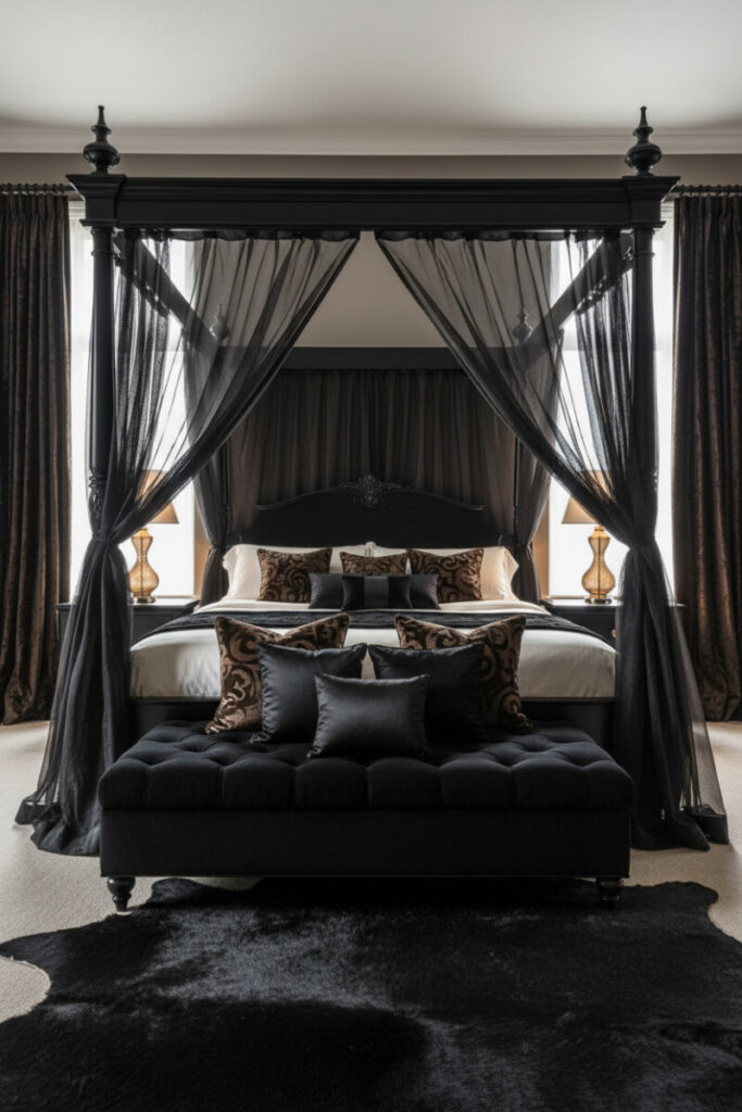 Jet-black four-poster canopy bed with sheer voile, velvet ottoman, and warm twin lamps—smart ideas for how to light a dark bedroom without windows using layered glow.