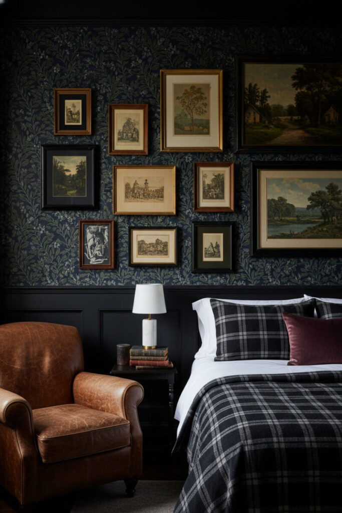 Dark academia nook with botanical wallpaper, matte black wainscoting, plaid bedding, and a leather club chair under tungsten light—scholarly moody bedroom ideas.