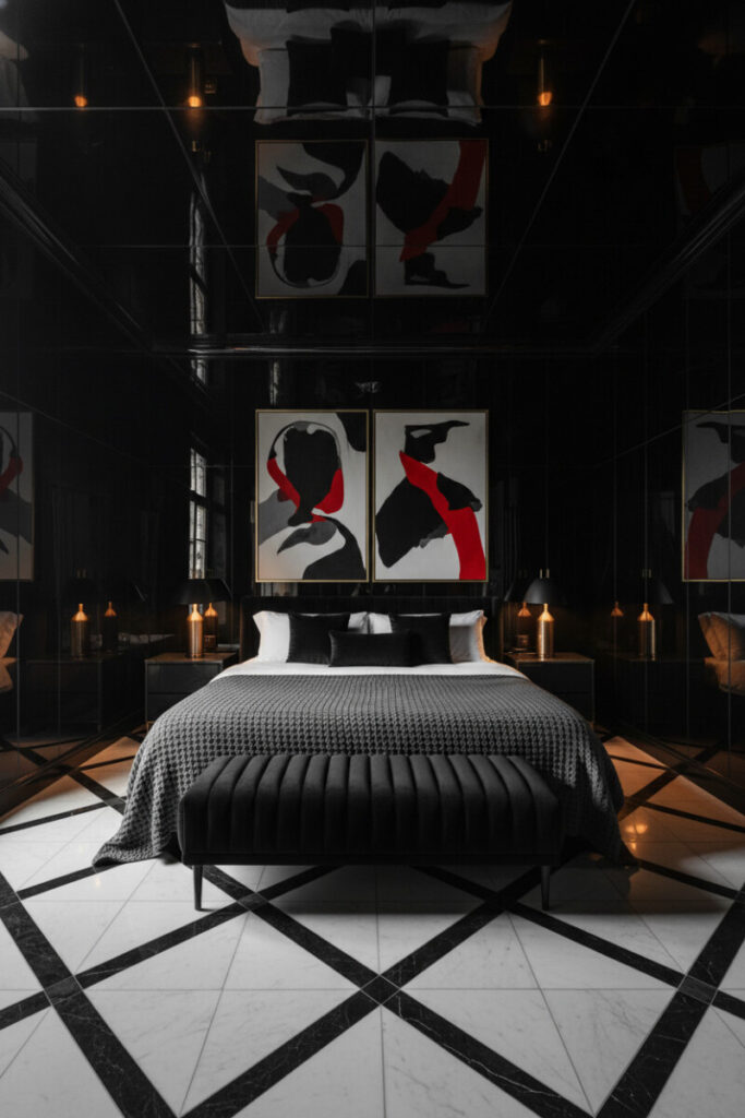 High-gloss black lacquer walls, diamond-tile floor, charcoal waffle-knit bedding, and abstract vermillion art—glamorous Dark Bedroom Designs with luxury bedroom decor flair.
