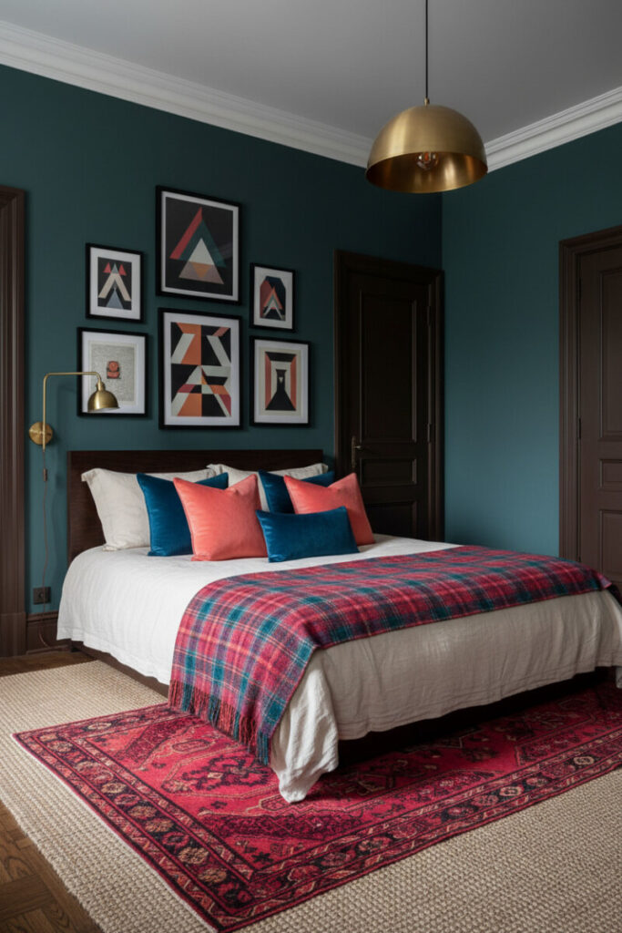 Eclectic boho teal bedroom with vibrant velvet pillows, layered kilim and jute rugs, and brass lighting—playful moody bedroom ideas balanced by dark walls.