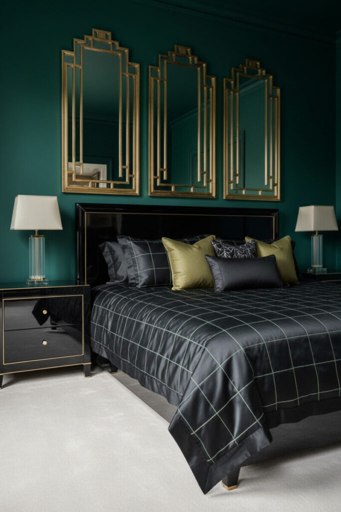 Emerald green Art Deco suite with brass-framed mirrors, black satin bedding, and crystal lamps—opulent luxury bedroom decor with warm tungsten sparkle.
