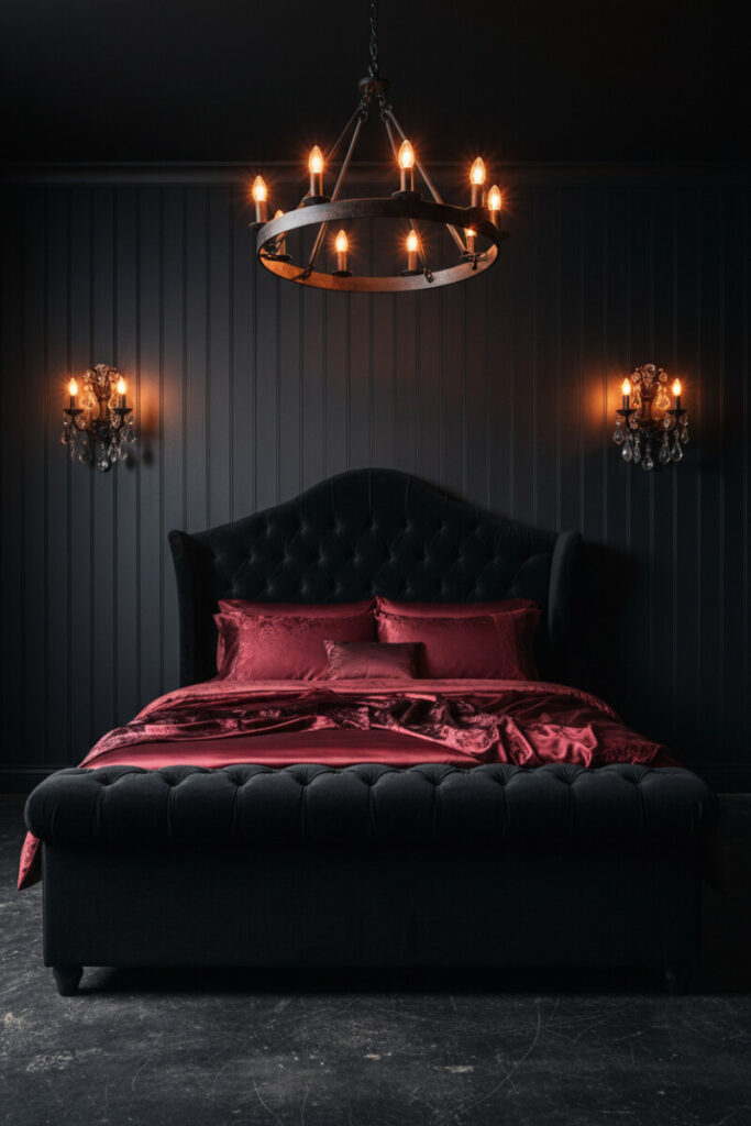 Gothic sanctuary with matte black paneling, tufted velvet Chesterfield bed, burgundy silk bedding, and candelabra glow—dramatic Dark Bedroom Designs with theatrical lighting.