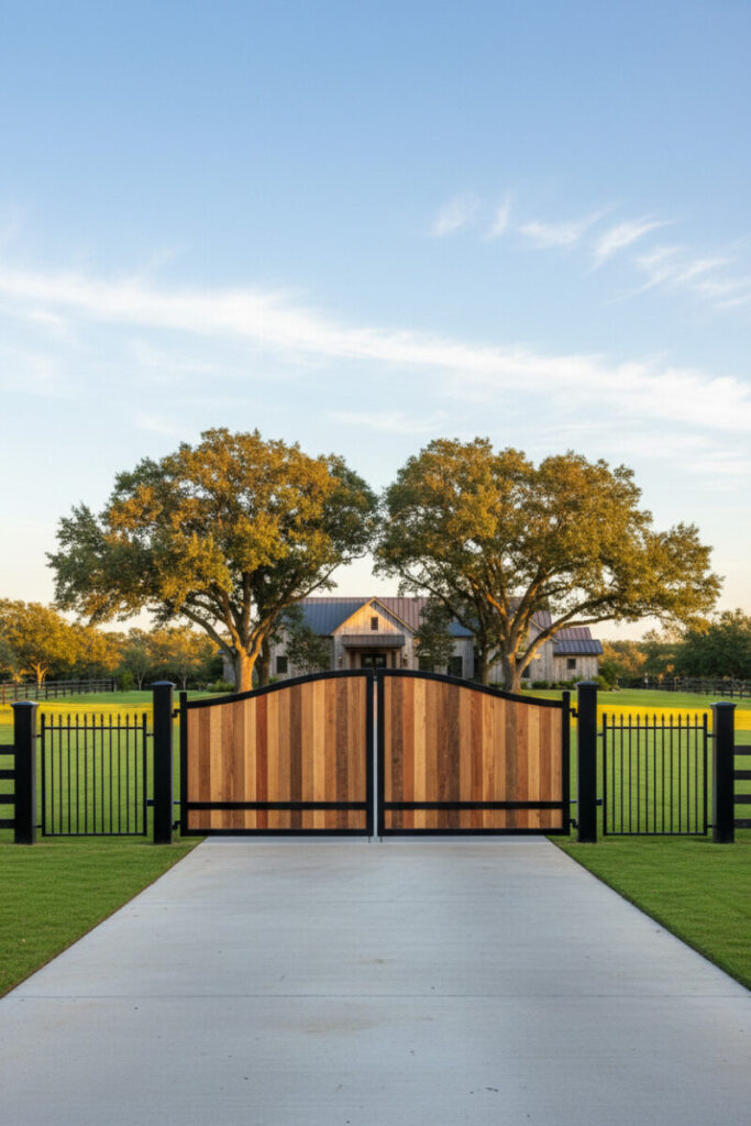 Arched wooden double gate with matte black frame on concrete drive at golden hour, mature trees and blue sky—classic Farmhouse Driveway Entrance Ideas.