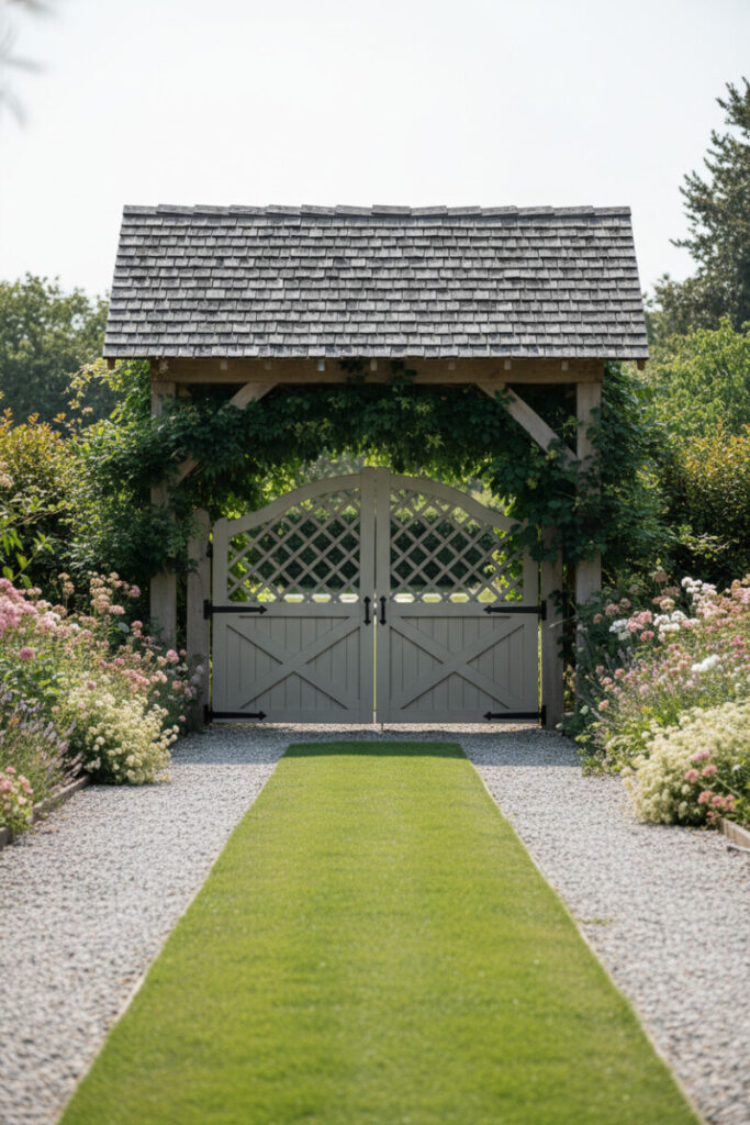 Lattice-top wooden double gate under shingled arbor, cottage borders and split gravel path—garden-forward Farmhouse Driveway Entrance Ideas.