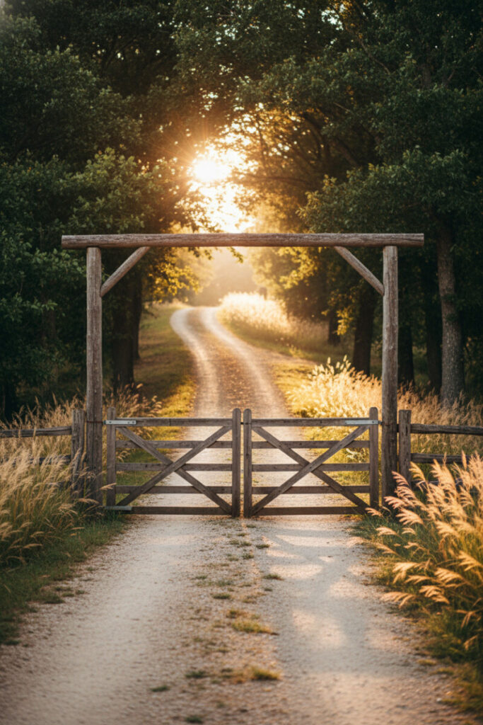 Double X-brace wooden gates beneath rough-hewn overhead beam, uphill tan gravel lane and golden grasses—ranch-style country driveway entrance.
