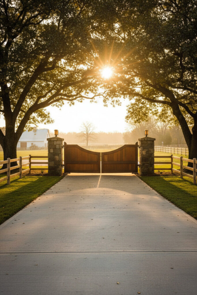 Scallop-top solid wood gate on curving concrete drive, post-and-rail fencing and oak canopy—elegant Farmhouse Driveway Entrance Ideas.