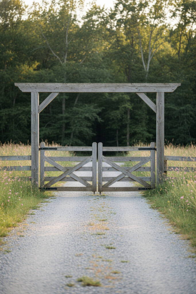 Silver-gray weathered double gates with matching arch over pale gravel path, wildflower edges—timeworn rustic farmhouse driveway entrance.