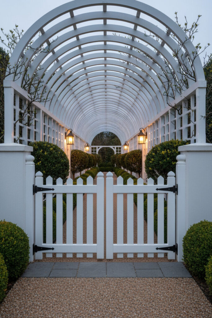 Bright white picket double gate opening into barrel-vault trellis, clipped evergreens and warm sconces—storybook farmhouse gate designs.
