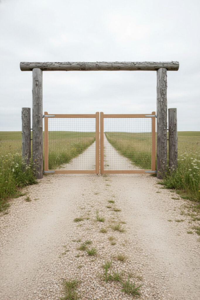 Cedar-framed wire grid double gate with weathered log posts, muted gravel lane into open field—budget-friendly modern farmhouse driveway gate ideas.