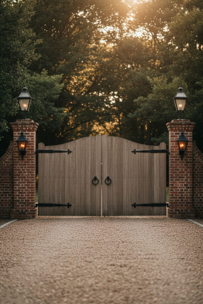 Weathered vertical plank gates with black X-bracing between aged red brick columns, glowing lanterns—hospitable rustic farmhouse driveway entrance.