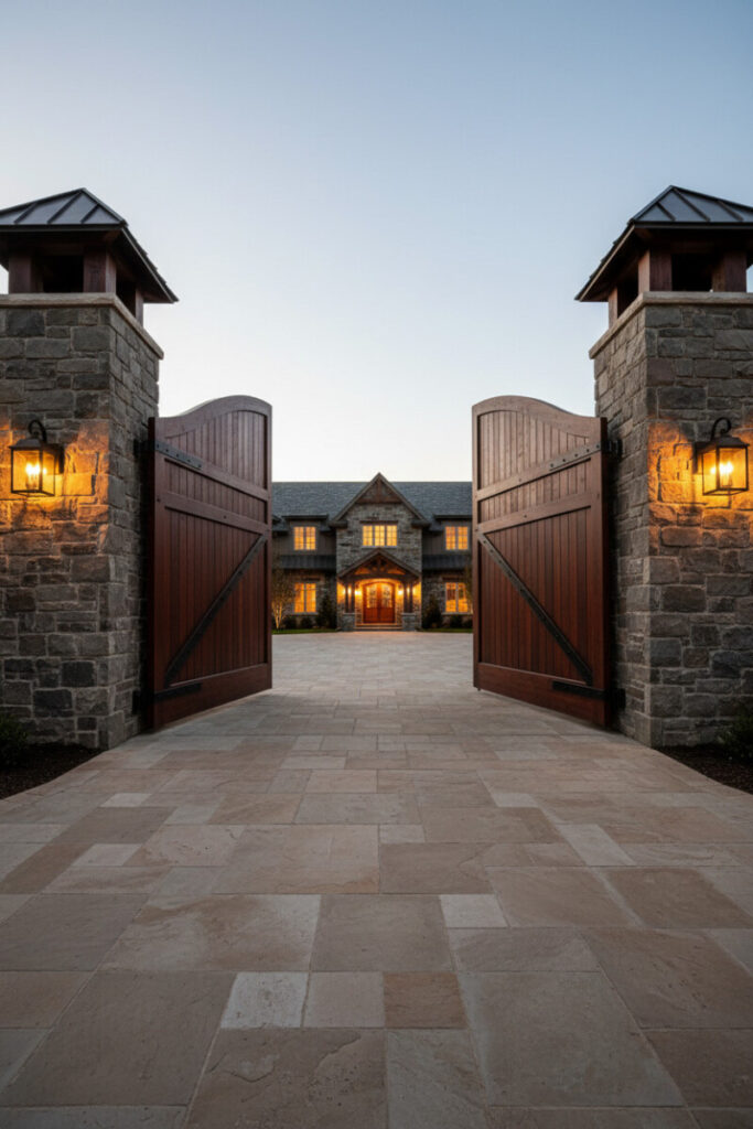Open arched mahogany gates between massive natural stone pillars at dusk, lantern glow and flagstone apron—welcoming country driveway entrance.