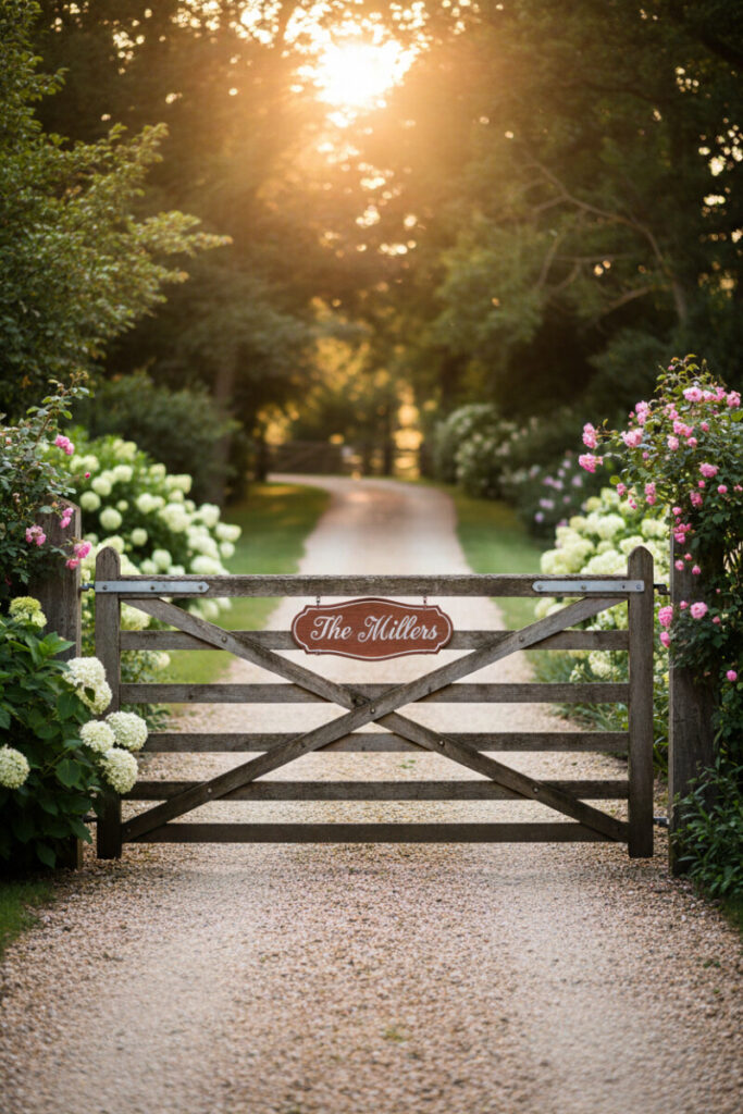 Z-brace wooden gate with personalized sign, hydrangeas and roses along pale gravel drive—identity-forward farmhouse gate designs.
