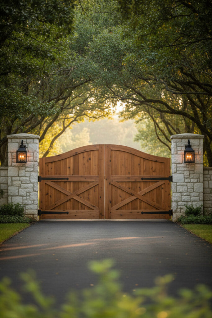 Rich cedar plank gate arched between stacked white stone pillars, pea gravel apron and shaded lane—refined modern farmhouse driveway gate ideas.