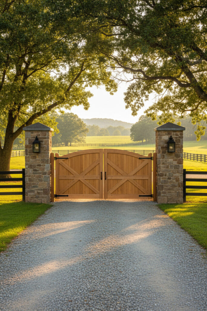 Honey-toned wooden swing gates with gentle arch set on natural stone posts, pasture beyond at golden hour—enduring rustic farmhouse driveway entrance.
