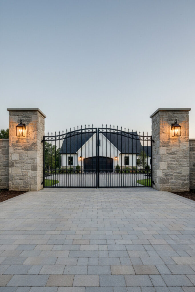 Black wrought iron arched gate with spear finials framed by rustic stacked-stone columns over paver drive—timeless farmhouse gate designs.
