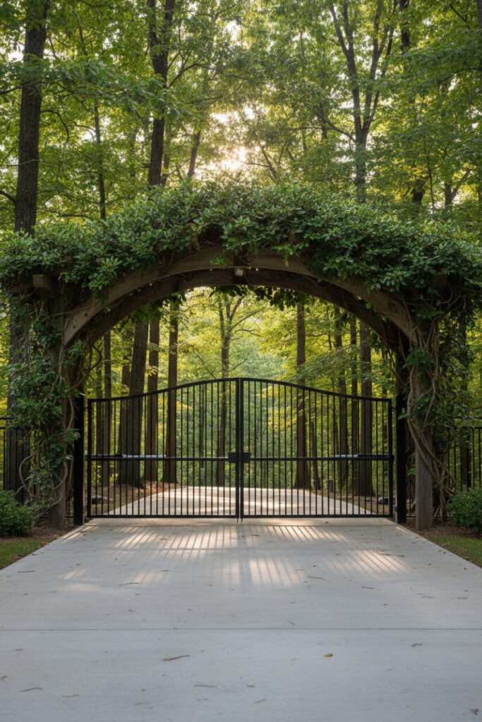 Sleek black metal picket gate beneath ivy-covered arbor, dappled light on concrete—clean-lined modern farmhouse driveway gate ideas.