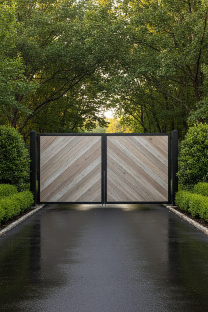 Chevron-pattern wood gate in black frame along wet asphalt, trimmed boxwood and leafy canopy—graphic Farmhouse Driveway Entrance Ideas.