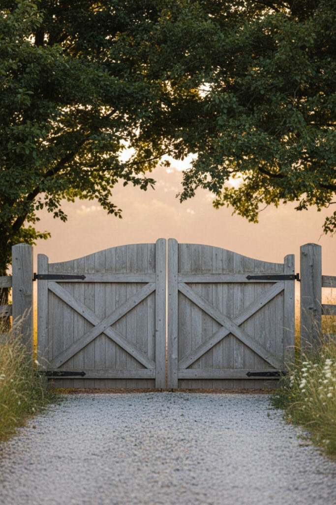 Weathered gray cottage-style split gates on gravel lane with wild grasses, warm backlight—inviting rustic farmhouse driveway entrance.
