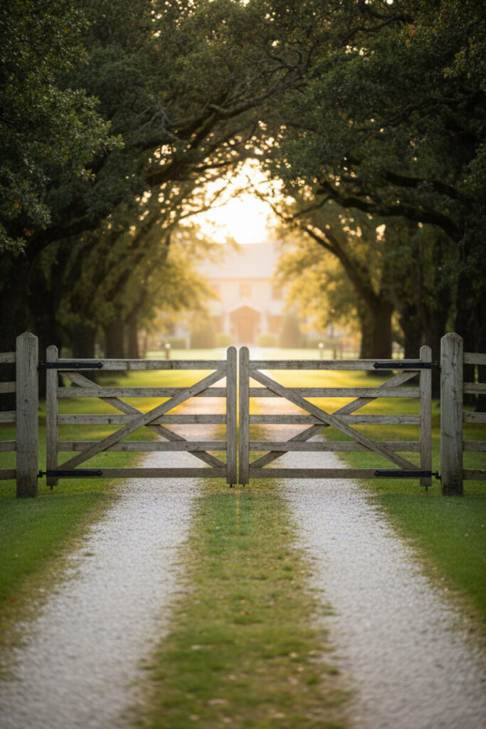 Pale wood crossbuck gates fronting twin gravel tracks and manicured grass ribbon under tree tunnel—heritage country driveway entrance.