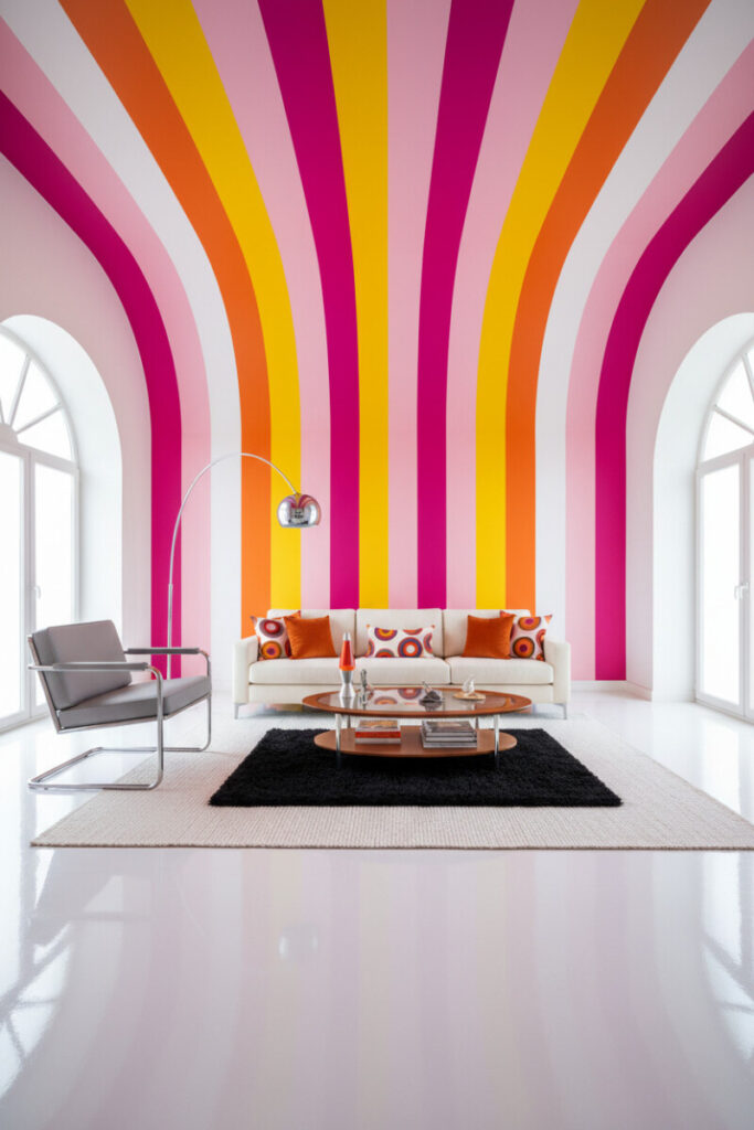Rainbow arch wall and ceiling with cream sofa, chrome arc lamp, and layered rugs—how to style a maximalist living room with sleek lines.
