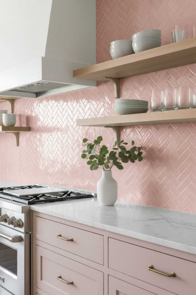 Light-pink hand-glazed herringbone subway tile corner with Dusty Blush shaker cabinets, oak floating shelves, Carrara marble counter, and stainless pro range in soft daylight.