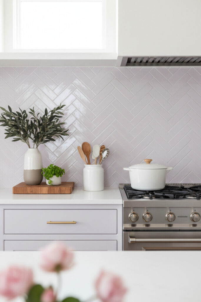 Soft lavender herringbone backsplash with matching shaker bases, brushed-gold pulls, white quartz counter, and white Dutch oven—playful kitchen backsplash ideas.