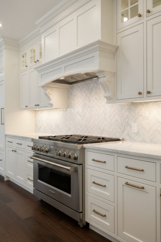 Marble herringbone subway tiles from counter to hood, creamy off-white cabinetry with brass hardware, stainless pro range, and layered lighting.